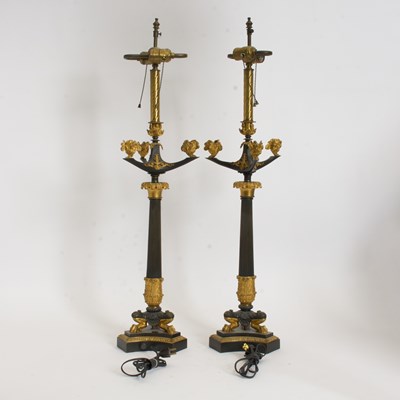 Lot 46 - Pair of Gilt and Patinated Bronze Candelabra Form Lamps
