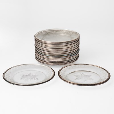 Lot 109 - Set of Sixteen Continental Wheel-Engraved Silver Rimmed Small Plates