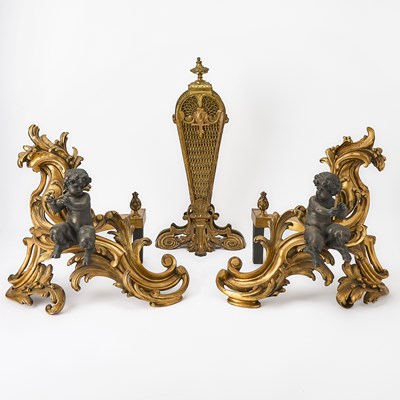 Lot 51 - Pair of Rococo Style Gilt and Patinated Bronze Chenets