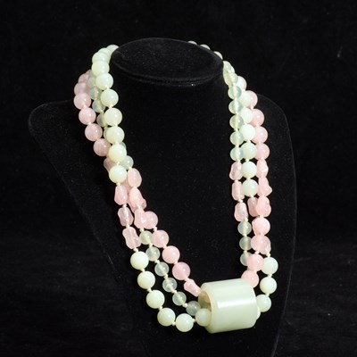 Lot 111 - Triple Strand Beaded Jade and Rose Quartz Necklace