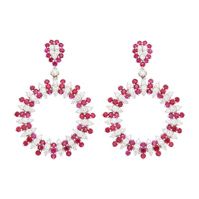 Lot 1077 - Pair of White Gold, Ruby and Diamond Hoop Pendant-Earrings