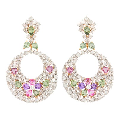 Lot 170 - Pair of Two-Color Gold , Multicolored Sapphire and Diamond Hoop Pendant-Earrings
