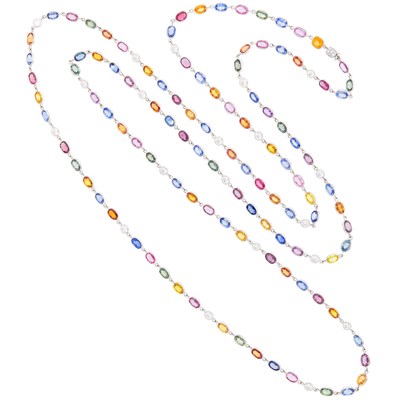 Lot 173 - Long White Gold, Multicolored Sapphire and Diamond Chain Necklace with Diamond Clasp