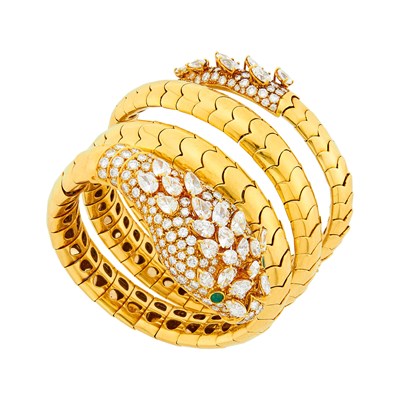 Lot 210 - Gold, Diamond and Emerald Coiled Snake Bracelet