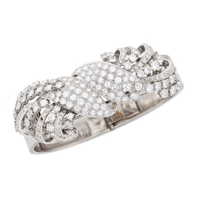 Lot 120 - Pair of Platinum and Diamond Double Clips with Palladium Bangle Bracelet