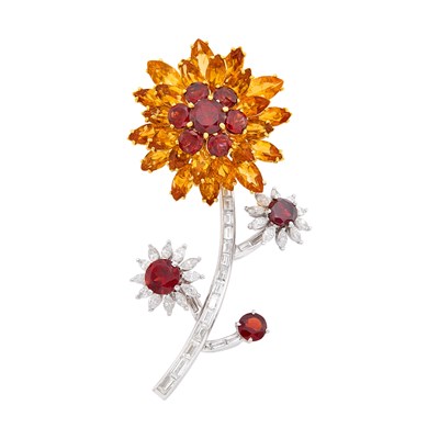 Lot 188 - Platinum, Gold, Garnet, Citrine and Diamond Flower Clip-Brooch