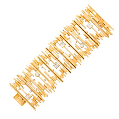 Lot 220 - Modernist Wide Gold and Diamond Bracelet