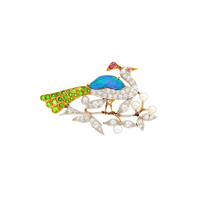 Lot 126 - Antique Platinum, Gold, Black Opal, Diamond, Demantoid Garnet and Pearl Swan Brooch
