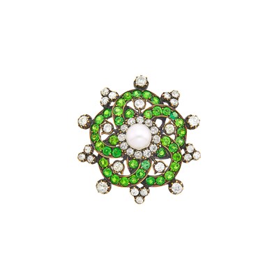 Lot 112 - Antique Silver, Gold, Pearl, Demantoid Garnet and Diamond Pendant-Brooch