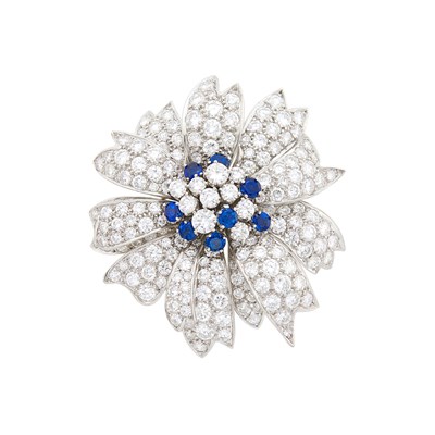 Lot 267 - Platinum, Diamond and Sapphire Flower Clip-Brooch
