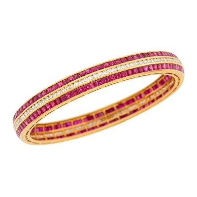 Lot 216 - Gold, Diamond and Ruby Bangle Bracelet