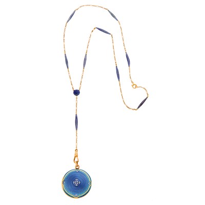 Lot 2071 - Antique Gold and Blue Guilloche Enamel Locket with Chain Necklace