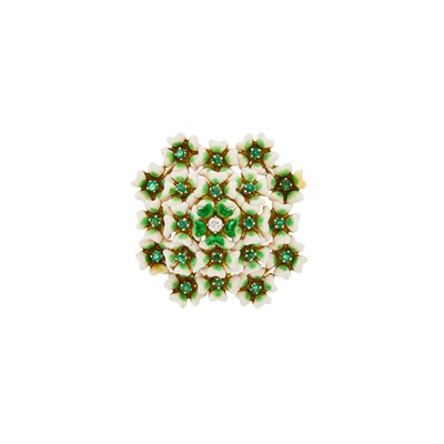 Lot 2060 - Gold, Enamel, Emerald and Diamond Floret Cluster Brooch