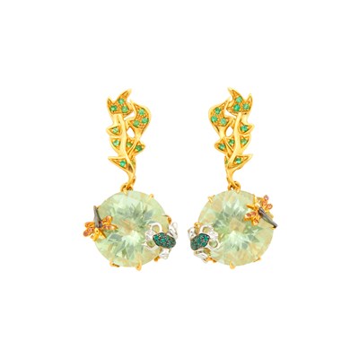 Lot 1022 - Roberto Coin Pair of Tricolor Gold, Green Quartz, Gem-Set and Diamond Pendant-Earrings