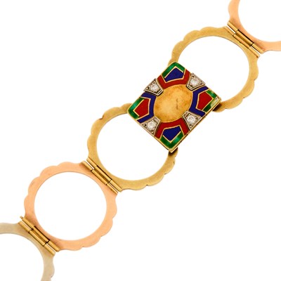 Lot 2075 - Tricolor Gold, Platinum, Enamel and Diamond Ring/Bracelet Combination