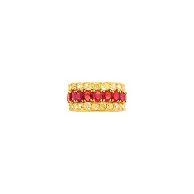 Lot 1103 - Gold, Colored Diamond and Ruby Band Ring