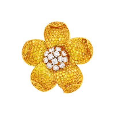 Lot 184 - Gold, Diamond and Colored Diamond 'En Tremblant' Flower Clip-Brooch