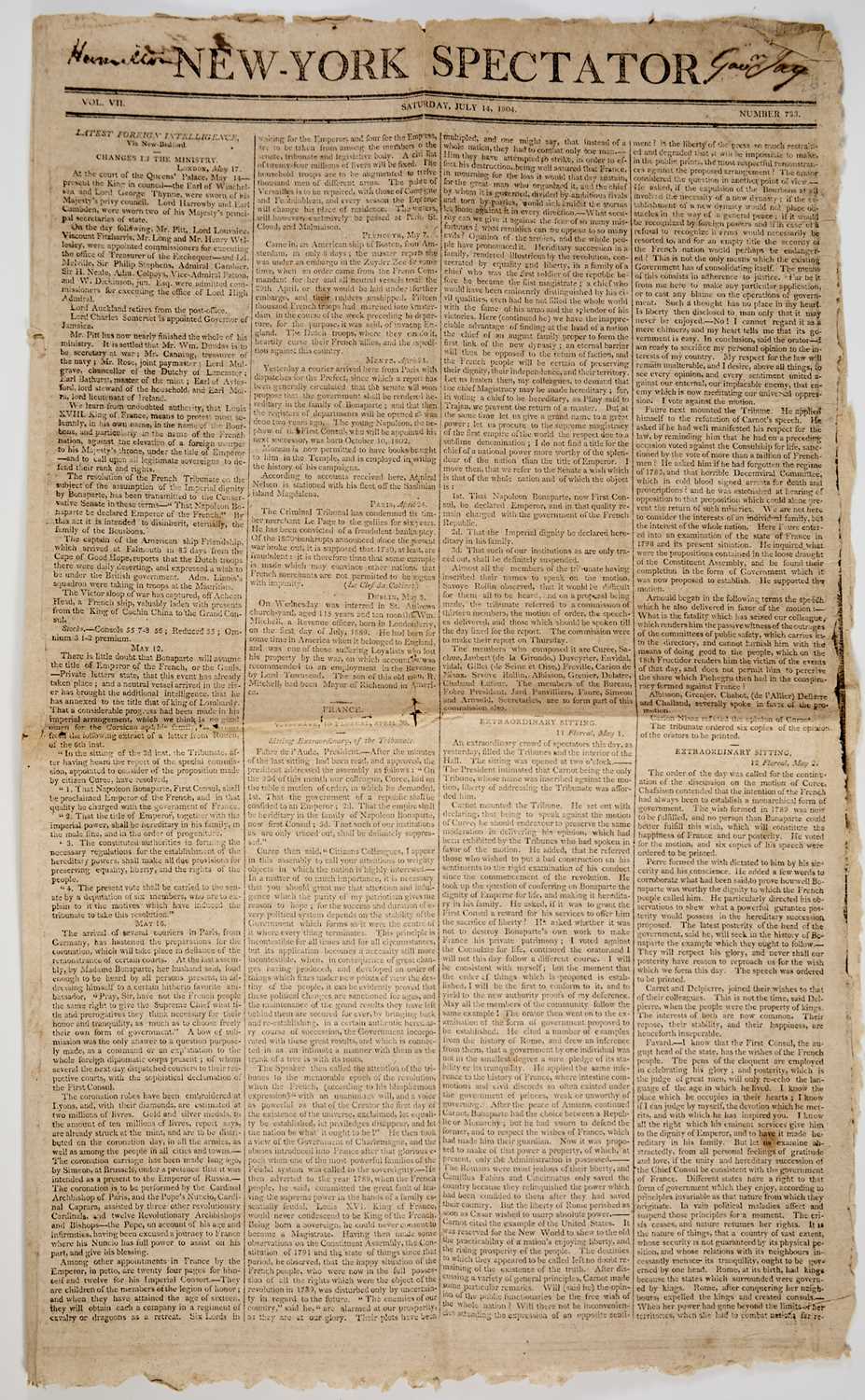 Lot 13 - The New-York Spectator issue announcing Hamilton's death