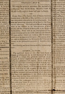 Lot 13 - The New-York Spectator issue announcing Hamilton's death