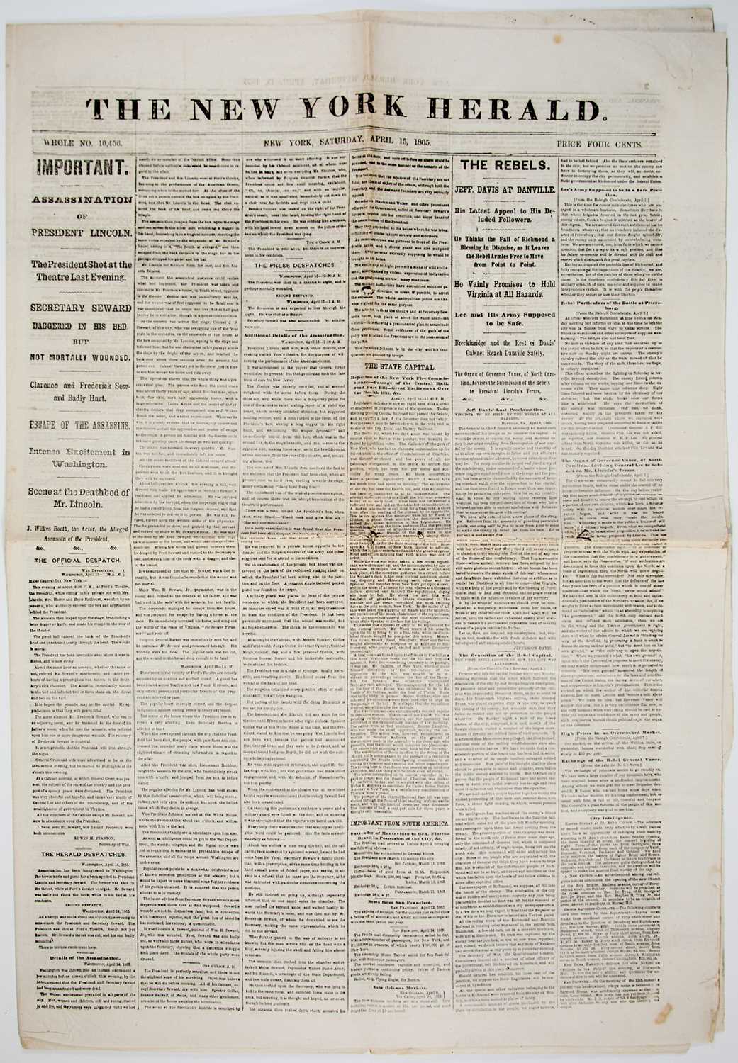 Lot 39 - The New York Herald, April 15, 1865, announcing Lincoln's assassination