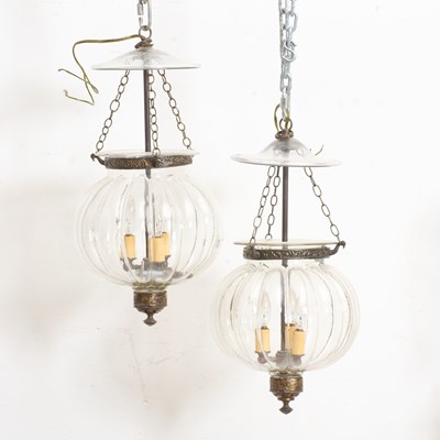 Lot 161 - Pair of Brass and Glass Hall Lights
