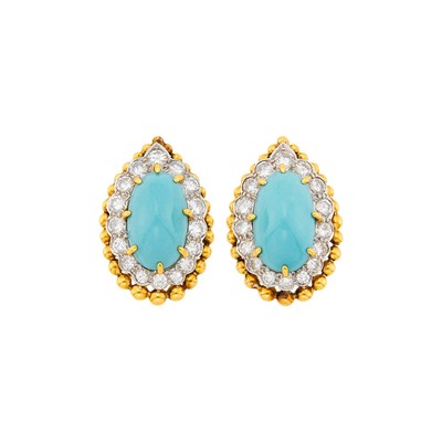 Lot 204 - David Webb Pair of Gold, Platinum, Turquoise and Diamond Earclips