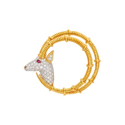 Lot 94 - Tiffany & Co., Schlumberger Gold, Platinum, Diamond and Ruby 'Ibex' Brooch