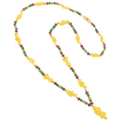 Lot 215 - Julius Cohen High Karat Gold and Emerald and Ruby Bead 'Alice in Wonderland' Pendant-Necklace