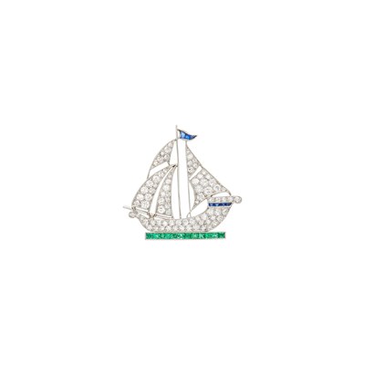 Lot 134 - Platinum, Diamond, Emerald and Sapphire Sailboat Brooch