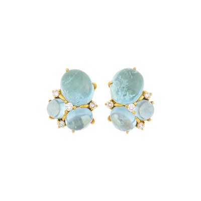 Lot 47 - Seaman Schepps Pair of Gold, Cabochon Aquamarine and Diamond 'Three Cab' Earclips