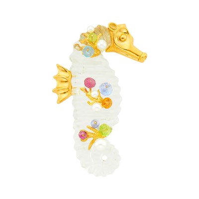 Lot Seaman Schepps Gold, Carved Rock Crystal, Colored Stone Bead and Cultured Pearl Seahorse Clip-Brooch