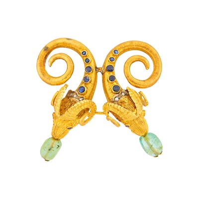 Lot Zolotas Gold, Emerald Bead, Sapphire and Diamond Ram's Head Brooch
