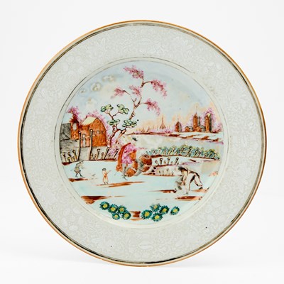 Lot 84 - A Chinese Export Slip-Decorated Enameled Porcelain Dish