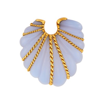 Lot 46 - Seaman Schepps Gold and Fluted Blue Chalcedony Clip-Brooch