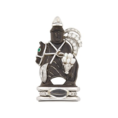 Lot 161 - Seaman Schepps White Gold, Carved Ebony, Diamond and Freshwater Pearl Chessman Clip-Brooch