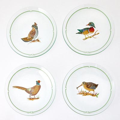 Lot 181 - Set of Four Lynn Chase Transfer Decorated Glass "Winter Game Birds" Pattern Lunch Plates