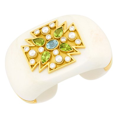 Lot 48 - Verdura Gold, Cacholong, Aquamarine, Peridot, Diamond and Cultured Pearl 'Maltese Cross' Cuff Bangle Bracelet