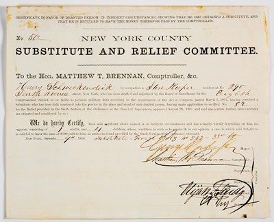 Lot 30 - Civil War draft substitute document signed by William "Boss" Tweed