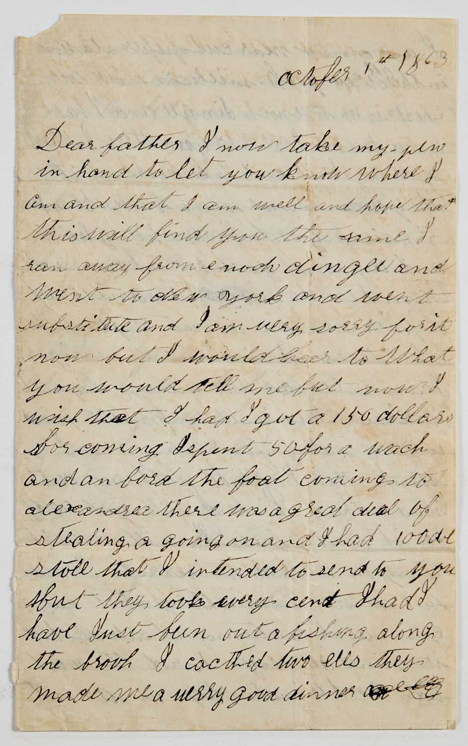 Lot 28 - An evocative letter written by a 15-year-old boy to his father about running away from home during the Civil War