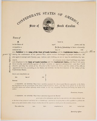 Lot 26 - Confederate enlistment document for the South Carolina Army
