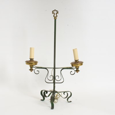 Lot 159 - Painted Wrought Iron and Brass Adjustable Two-Light Lamp