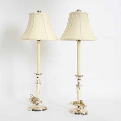 Lot 357 - Pair of Silverplate Candlestick Form Lamps