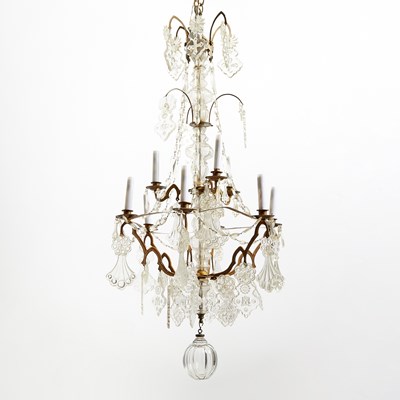 Lot 58 - Louis XVI Style Tôle and Molded Glass Nine-Light Chandelier
