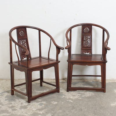 Lot 348 - Pair of Chinese Horseshoe Softwood Armchairs