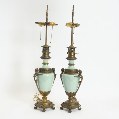 Lot 377 - Pair of Empire Style Brass Mounted Celadon Glazed Porcelain Table Lamps