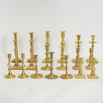 Lot 380 - Group of Nine Pairs of Brass Candlesticks