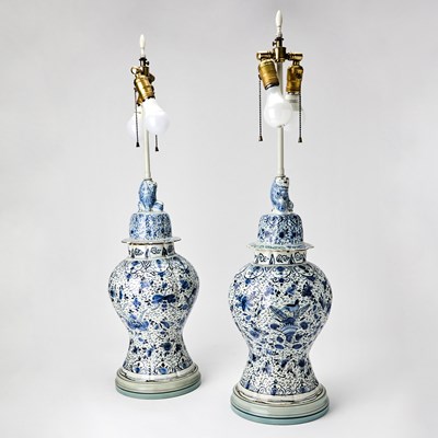 Lot Pair of Tin Glazed Earthenware Covered Vases as Lamps