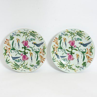 Lot 391 - Pair of Floral and Bird Decorated Ceramic Chargers