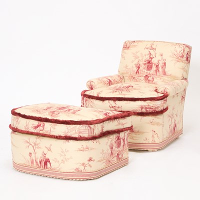 Lot 73 - Red Toile Upholstered Club Chair and Ottoman