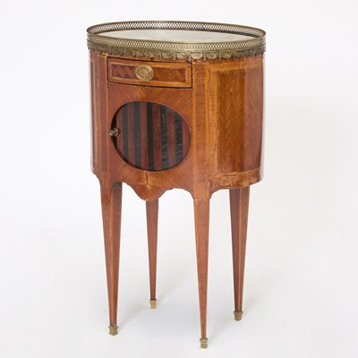 Lot 72 - Louis XVI Style Gilt-Metal Mounted Marquetry Inlaid Tulipwood Oval Side Table
